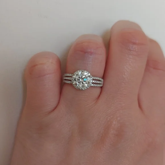 2 Carat Round Moissanite Platinum and Rhodium Plated 925 Silver Ring - Picture 12 of 14